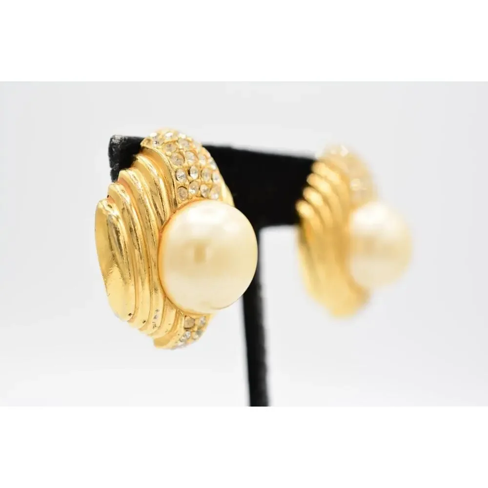 Ciner Vintage Crystal Clip On Earrings Pearl Gold Bold Chunky Heavy Signed BinAG